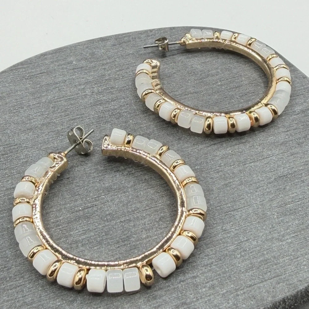 White Beaded Gold Tone Hoop Earrings Chunky Statement Boho Fashion Jewelry Gift